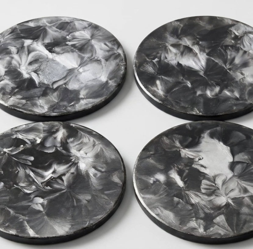 Hand painted Black & Silver Marbled Ceramic Coaster - Modern Home Decor