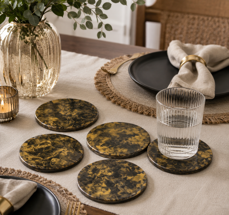 Hand Painted Black and Gold marbled Ceramic Coasters - Modern Home Decor