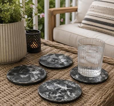 Hand painted Black & Silver Marbled Ceramic Coaster - Modern Home Decor